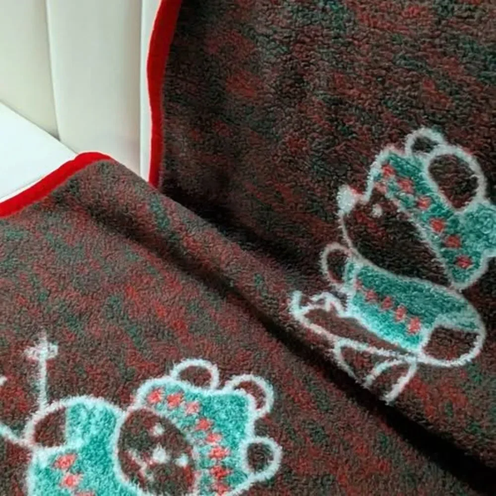 Vintage Biederlack Christmas Teddy Bear Blanket Skiing Sledding Reversible Throw